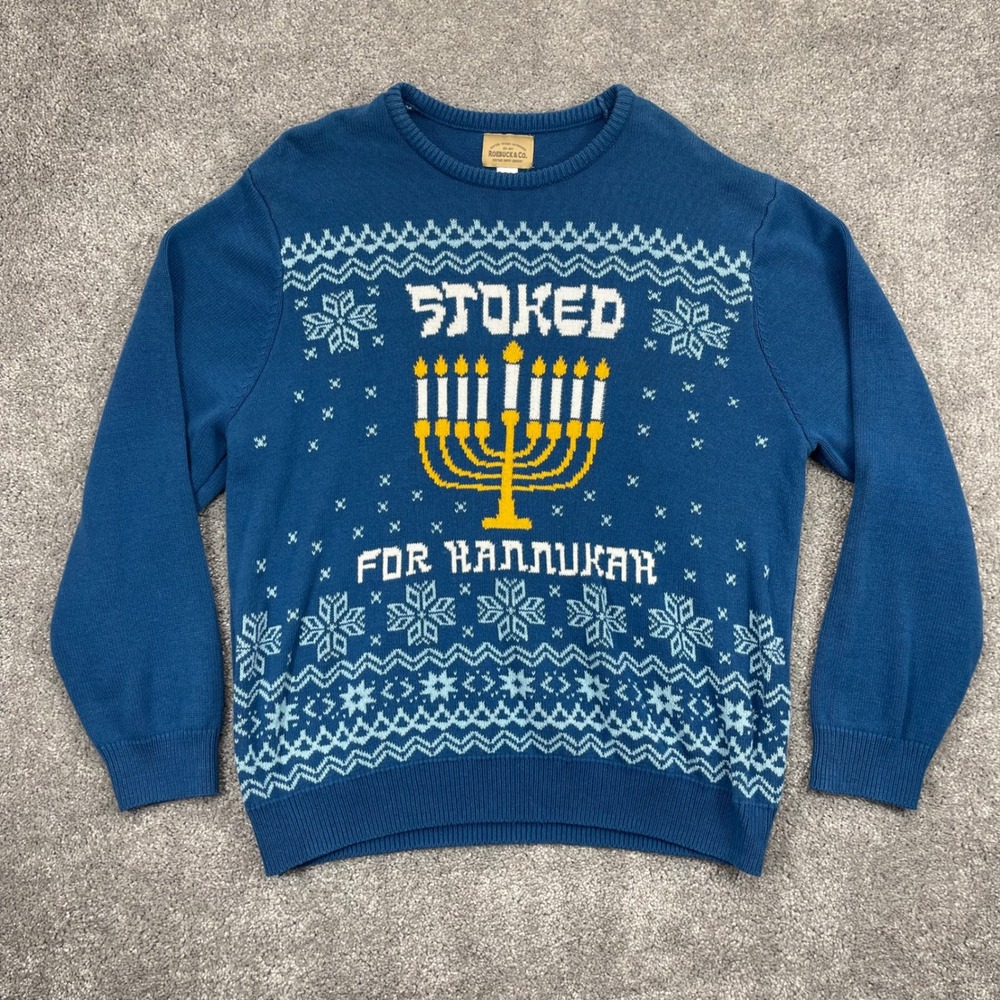 Roebuck & Co Sweater Mens 2XL Blue Stoked For Hanukkah Menorah Ugly Holiday